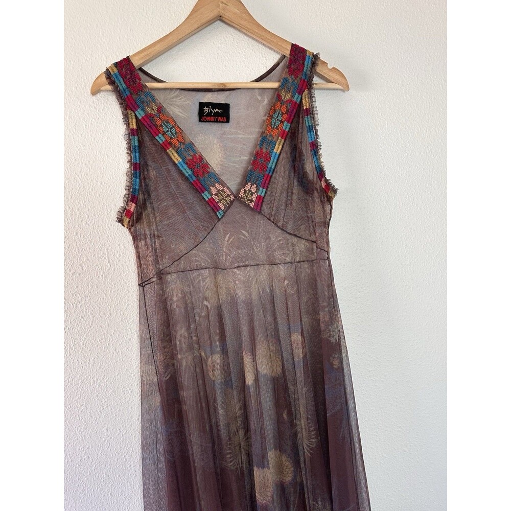 BIYA Johnny Was V Neck Embroidered Nylon Mesh Maxi Dress No Slip 36” Bust - Picture 10 of 16